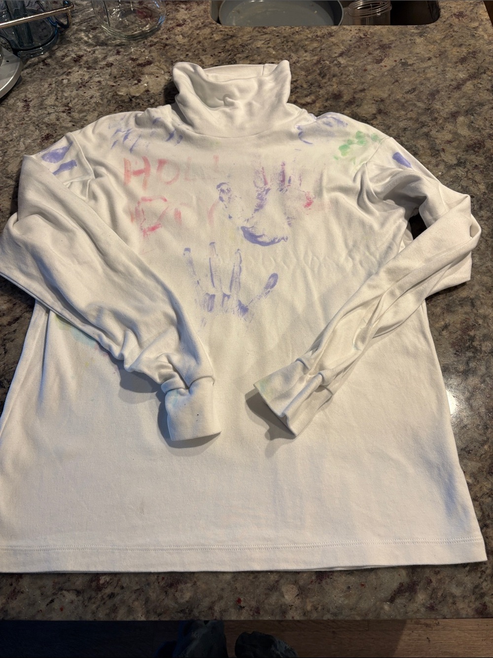 Uniqlo White Kids Long-Sleeve Turtleneck with Colorful Handprint Design